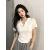 俞兆林（YUZHAOLIN）辣妹正肩显瘦V领polo衫短袖t恤女夏季设计感小众弧形下摆短款上衣 黑色 L 建议(95-110斤)