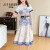 季梵施（JIFANSHI）JIFANSHI品牌复古风印花连衣裙女夏装新款短袖系带显瘦优雅气 白色 M
