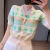 甜美V领镂空短袖针织假开衫女夏薄款2023新款感冰丝上衣ins 绿色 M 建议80-90斤
