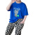 萝品女童短袖夏季新款儿童套装时髦棋盘格小熊上衣夏装中大童两件套 蓝色T恤 110cm