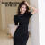 保罗蒙巴登女时尚设计感镂空泡泡袖修身黑色中长款 黑色 S