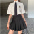 tromlfz【三套装】两套装学院风百褶裙套装女夏宽松衬衫女学生韩版制服 白色短袖衬衫+灰色百褶裙+条纹瓴 XXS 50-60斤(小码)