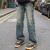 菲尼东爵高街vibe风牛仔裤男女新款潮流直筒宽松拖地微喇叭裤子小众设计感 DD- N7101拉链 M