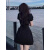 皮尔卡丹2024年赫本风小黑裙女夏季新款法式复古方领中长款泡泡袖连衣裙子 S