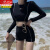 浪莎（LangSha）泳衣女2023新款保守遮肉显瘦黑色防晒长袖高级感分体温泉泳装 黑色 M