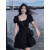 皮尔卡丹2024年赫本风小黑裙女夏季新款法式复古方领中长款泡泡袖连衣裙子 S