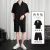夏季冰丝短袖衬衫男宽松透气西服套装青少年时尚休闲韩版两件套潮 CY009白色+DK55黑色 S100-110斤