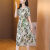 艾妃琳重磅真丝桑蚕丝连衣裙女2024夏装新款淑女风气质小个子印花系带裙 绿花 XL 建议116-125斤