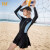 361°泳衣女士保守连体裙式大码游泳衣长袖遮肚显瘦裙式海边泡温泉泳装 黑色 M 身高155-160/体重40-48kg