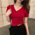 奴曼萱95棉夏装短袖T恤女抽绳设计感露脐紧身性感V领短款上衣 红色上衣 s j建议80-95斤