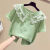 槿瑰女童夏季短袖-岁女孩蕾丝娃娃领恤儿童半袖中大童韩版上衣 绿色(花边领) 110