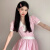 璟空谭夏季新款韩版学院风娃娃领粉色衬衫上衣女+高腰显瘦仙半身裙潮 上衣单件 S