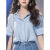 靓莎绮今年流行的漂亮法式气质蓝色宽松显瘦短袖衬衫上衣2024夏季新款女 蓝色 L（115-130斤）