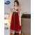 迪士尼女童连衣裙夏季2024新款中国风吊带裙洋气夏装儿童裙子新中式汉服 红色(外套+吊带+裙子) 140cm(140cm)