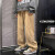 NASA GISS夏季新款潮牌牛仔裤男直筒宽松裤脚拉链街头复古水洗做旧长裤子男 卡其色 2XL[建议145-160斤]