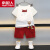 南极人（Nanjiren）汉服男童夏季套装儿童古装周岁礼服男宝宝衣服1-3岁短袖两件套薄 酒红色 90cm