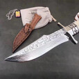 雨轩户外大马士革钢刀小刀直小刀双护手钢头白钢刻花天然鹿角手柄