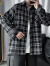 AEMAPE秋季日系黑白格子长袖衬衫男设计感小众复古港味宽松衬衣百搭外套 黑色 XL