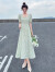 科顿杰斯法式复古碎花雪纺连衣裙2024新款夏时尚方领显瘦气质a字长裙子 绿色 L