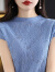 皮尔卡丹高档品牌女夏款2024新款夏季针织半高领短袖t恤打底衫女时髦时 蓝色 M  建议100-110斤