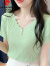皮尔卡丹（pierre cardin）冰丝短袖t恤女装夏季新款修身短款韩版纽扣领针织打底衫薄款上衣 杏色 M 95-105斤