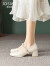 卓诗尼玛丽珍鞋高跟鞋女2024年春新款珍珠小皮鞋子夏浅口法式粗跟单鞋女 米白色 35
