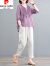 皮尔卡丹（pierre cardin）棉麻套装女夏季新款中年休闲宽松遮肚子显瘦时尚洋气亚麻两件装 紫色单上衣+裤子 M