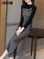 I·G·H高定品牌女装早秋2022年新款干练气质女装网红洋气时尚针织阔腿裤两装 深灰色 S