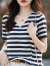 拉夏贝尔（La Chapelle）短袖女t恤2024夏季新款条纹V领时尚简约气质通勤套头针织衫T恤女 藏青色 XL120-135斤