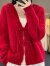 孜茜纯羊毛衫开衫女中式连帽盘扣针织衫厚款毛衣长袖针织衫外套女装 红色 M