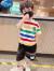 迪士尼（Disney）男童夏装短袖彩虹条纹套装2024新款中小童衣服帅洋气宝宝两件套潮 黑色 90