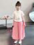 奥特曼女童夏季套装中国风儿童民国服装女孩唐装棉装超仙学生演出服 桃花红 110cm
