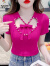 啄木鸟短袖女夏季2024年新款漂亮蝴蝶结t恤钉珠设计感小众独特别致上衣 玫红色 XL