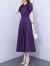 皮尔卡丹夏季短袖连衣裙女装2024新款韩版显瘦时尚气质中长款收腰雪纺裙子 紫色 L（100-110斤）