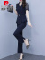 皮尔卡丹品牌高档女装夏季2022年新款女装时尚套装气质洋气减龄职业时髦休闲裤两件装针织 藏青色 2XL (130-145斤)
