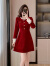 莉纱芙特2023年秋冬新款小香风红色短款连衣裙订婚礼服敬酒服 红色 S(建议：85-95斤)