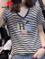皮尔卡丹条纹短袖t恤女韩国2024夏季新款V领装韩版宽松显瘦洋气时尚上衣潮 红色 S