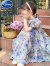 迪士尼女童连衣裙夏季韩版女孩时尚短袖公主裙儿童中大童洋气露背碎花裙 蓝色 100cm