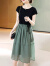 东方鸭主慕2024夏季新款时尚韩版显瘦百搭气质小个子假两件拼接连衣裙女 绿色 S