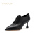 哈森英伦女鞋2024春季新款真皮细跟系带女单鞋复古时装鞋HWS240138 黑色 35