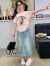 芭奥伯女童夏装套装2024新款洋气时髦女大童韩版儿童短袖牛仔短裙两件套 粉色 120cm