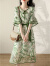 拉夏贝尔（La Chapelle）连衣裙女2023夏季新款气质通勤荷叶边系带撞色显瘦休闲中长款裙子 绿色 XL