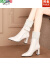 卡帝乐鳄鱼（CARTELO）中筒靴女粗跟2022春季新款米白色加绒真皮鞋瘦瘦靴马丁靴高跟短靴 米白 34