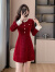 莉纱芙特2023年秋冬新款小香风红色短款连衣裙订婚礼服敬酒服 红色 S(建议：85-95斤)