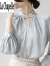 拉夏贝尔（La Chapelle）女装衬衫女法式优雅气质挂脖2024春季新款立领镂空泡泡袖衬衣女士 米色 M