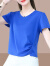 啄木鸟不规则纯棉短袖t恤女士2024夏新款衣服显瘦小个子短款T恤V领上衣 蓝色 XL（建议115斤-130斤）