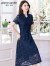 皮尔卡丹2024新款韩版中年女装修身显瘦中长款短袖蕾丝连衣裙妈妈装裙子夏 红色 XL 建议110斤以下