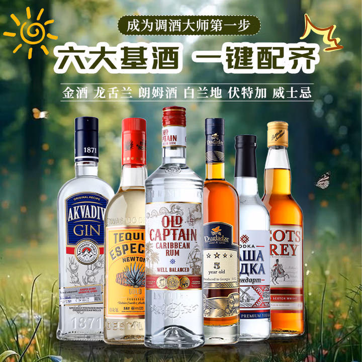 麦其克生命之水原瓶进口伏特加洋酒威士忌白兰地龙舌兰朗姆酒金酒基酒 调酒基酒组合套装 700mL 6瓶