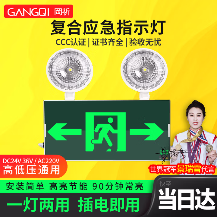 岡祈（Gangqi）复合消防应急灯 安全出口指示灯牌双头照明灯二合一 3C认证消