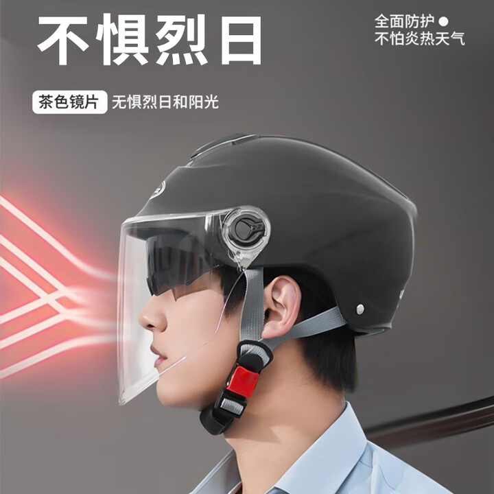 栢启歆头盔电动车骑行头盔摩托车夏季防晒双镜半盔摩托车通风透气安帽 黑色双镜【短茶镜+长透镜】